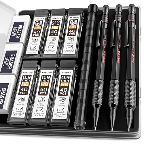 Nicpro 0.9 Metal Mechanical Pencil Set with Case, 3PCS | MP2000 Heavy Duty Lead Pencil + 6 Tube HB Lead Refill, Eraser, Weatherproof Metal Barrel for Outdoor Writing Drafting Drawing - size: 1 Count (Pack of 3)