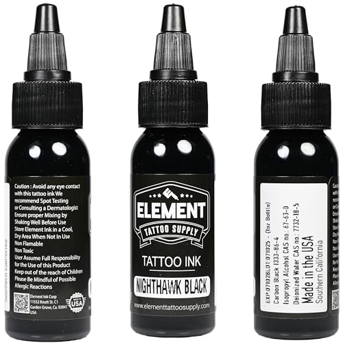 Element Tattoo Supply Black Tattoo Ink for Skin, 1oz Bottle | professional black ink for skin, smooth reliable flow, deep bold saturation, USA made, vegan formula, trusted by artists - size: 1oz