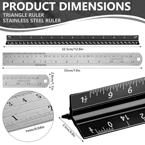 2-Piece Architectural Scale Ruler Set, 12-Inch Laser-Etched Aluminum Triangular Scale + Stainless Steel Straight Ruler, Inch/mm Conversion for Drafting, Blueprint Reading and Technical Drawing