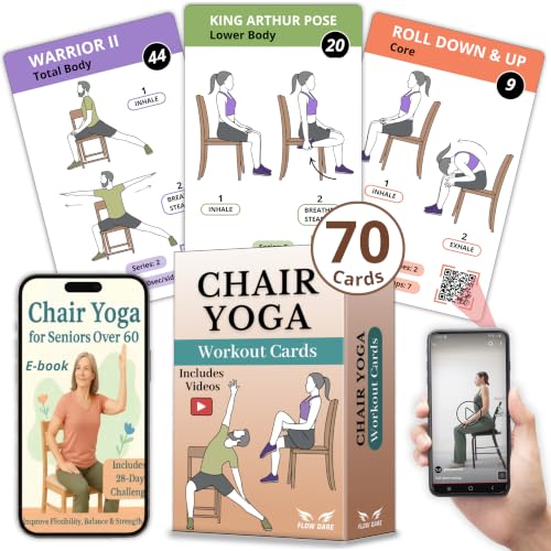 Chair Yoga for Seniors Over 60 – 70 Exercise Cards with Videos & Workout Plan – Includes 5-Week Challenge, Ebook, Chart & 2 Rings for Easy Organization – Weight Loss Guide for Women & Men