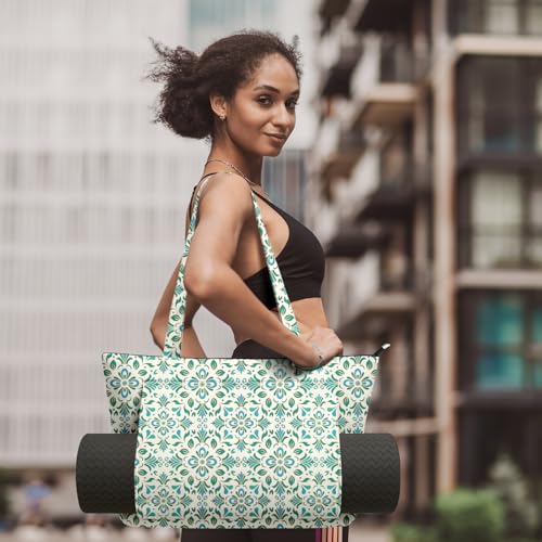 Yoga Bag for Women, Large Canvas Yoga Mat Tote Bag with Yoga Mat Carrier | Large Mat Pocket Fitness Tote for Pilates, Gym, Travel, Office & Beach - color: Green Flower
