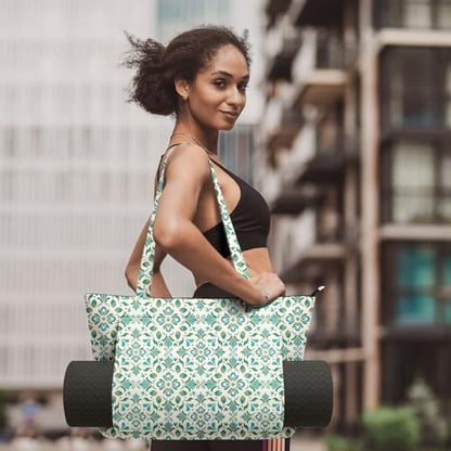 Yoga Bag for Women, Large Canvas Yoga Mat Tote Bag with Yoga Mat Carrier | Large Mat Pocket Fitness Tote for Pilates, Gym, Travel, Office & Beach - color: Green Flower