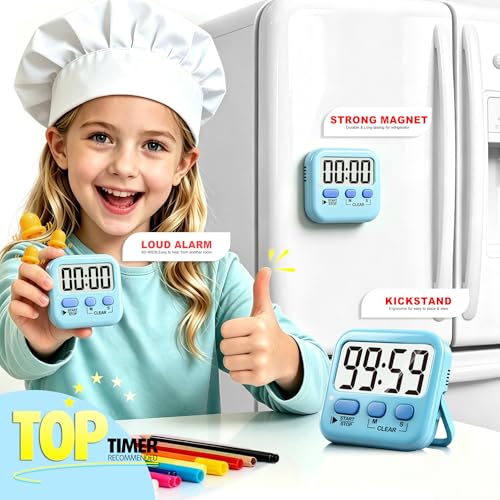 Antonki 2 Pack Digital Timer for Kids Classroom Kitchen Timers for Cooking | w/ Battery, Easy to View, Alarm, Mute Mode, Count Down/Up, Magnetic, Kickstand, Hanging, Classroom Timer for Teacher Supplies - color: Clear Blue