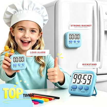 Antonki 2 Pack Digital Timer for Kids Classroom Kitchen Timers for Cooking | w/ Battery, Easy to View, Alarm, Mute Mode, Count Down/Up, Magnetic, Kickstand, Hanging, Classroom Timer for Teacher Supplies - color: Clear Blue