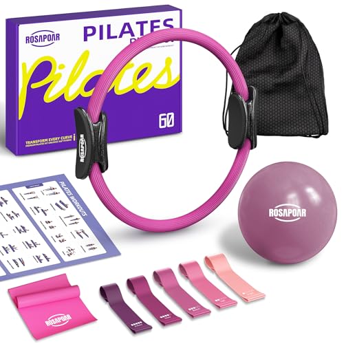 ROSAPOAR Pilates Essentials Kit for Women, Pilates Ring Set - 14" Magic Circle with Yoga Ball & Resistance Bands – Pilates Kit for Home Workouts, Toning & Core Sculpting Pilates Equipment - color: Pink