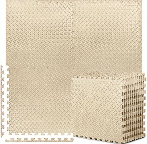 BEAUTYOVO Puzzle Exercise Mat with 12/24/48 Tiles Interlocking Foam Gym Mats, 24'' x 24'' EVA Foam Floor Tiles, Protective Flooring Mats for Gym Equipment - color: 48 Sq.ft/12 Tiles - Creamy White