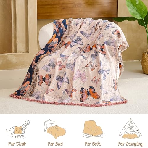 VANJOROY Boho Throw Blanket, 100% Organic Cotton Breathable Ultra Soft 50" x 60" Bed Quilt Throw - All Season Floral Rustic Farmhouse Decor Luxury Reversible Blanket for Sofa Couch Chair and Gift - color: G-boho-floral, size: Throw (50" X 60")