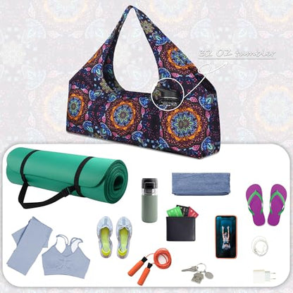 Large Yoga Mat Bag Yoga Bags and Carriers Fits All You Stuff Yoga Tote Bag with Yoga Mat Strap, Elastic Pockets and Zipper Pockets - color: purple yellow