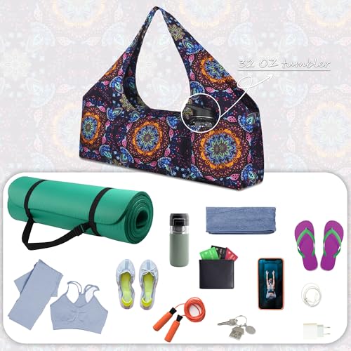 Large Yoga Mat Bag Yoga Bags and Carriers Fits All You Stuff Yoga Tote Bag with Yoga Mat Strap, Elastic Pockets and Zipper Pockets - color: purple yellow