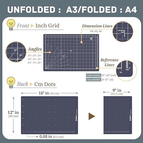 iMAT Flip Cutting Mat Note A3 Foldable Double-Sided Navy Blue | Inch grid front with cm dot back for dual-unit measuring. 12" x 18" size, ideal for cutting, crafts, sewing, and DIY projects - color: Navy Blue