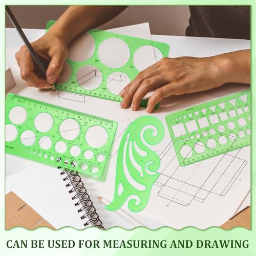 4 Pcs Geometric Drawings Templates, Measuring Geometry Rulers Drafting Stencils Measuring Tools, Transparent Green Plastic Drawing Tool for Design School Studying Office Architecture Teaching Supplies