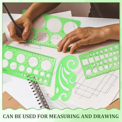 4 Pcs Geometric Drawings Templates, Measuring Geometry Rulers Drafting Stencils Measuring Tools, Transparent Green Plastic Drawing Tool for Design School Studying Office Architecture Teaching Supplies