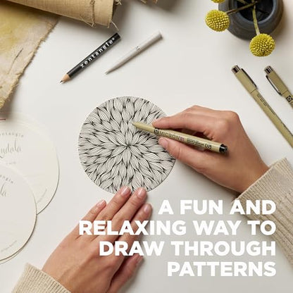 SAKURA #50113 Zentangle 11 Pc Set w/Zendala Round WhiteTiles (4-5/8"" in Diameter), white | All-in-One Kit for Drawing, Relaxing, Meditative Patterns, Includes Gelly Roll and Micron Pens, White Pencil and Black Tiles - size: 1 Count (Pack of 11)