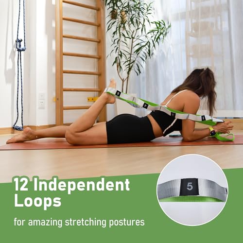 Stretch Bands for Exercise, Non Elastic Yoga Stretching Strap with Loops, 3.8cm x 2.45m, Stretching Bands for Physical Therapy, Yoga, Pilates, Dance, Gymnastics Exercise - color: Green