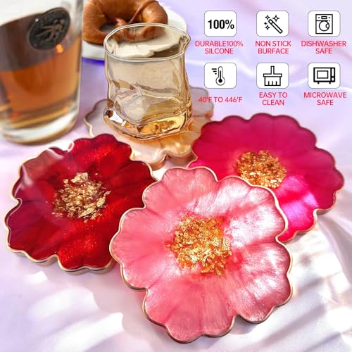 4 Pcs 3.34" Flower Agate Silicone Coaster Molds for Epoxy Resin Casting | Agate coaster cup mat molds for epoxy resin casting. Perfect for making DIY craft coasters, home decor gifts - color: 4PCS Flower Coaster