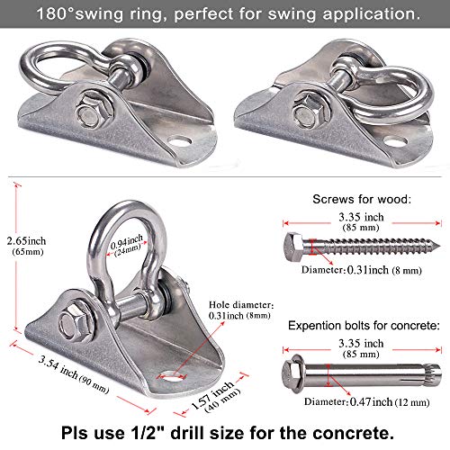 BeneLabel Stainless Steel Heavy Duty Swing Hanger Ceiling Mount 1600 LB Capacity Swing Hardware for Swing Seat, Yoga, Heavy Bag, Porch Swing, Hanging Chair with 2 Screws and 2 Expansion Bolts - color: Silver - 180° Swing Hanger (1 Pack)
