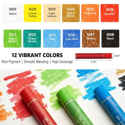 Oil Pastels Set, Soft Round Oil Pastel Crayons for Students & Artists, Drawing, Sketching, Blending & School Art Supplies (12 Colors) - color: 12 Colors