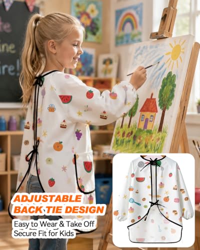 MINIQ Kids Art Smock,Waterproof Painting Apron Artist Smocks with Pocket Long Sleeves - color: Pink Kitchen Fun, size: XXL for Age 5-8