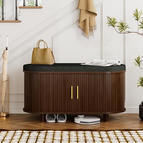 DHH 2-Tier Storage Bench,Wide Shoe Bench with Thickened Padded Seat Cushion, Mid Century Modern Fluted Sliding Door and Adjustable Shelf, for Entryway, Living Room, Bedroom (Walnut, 35.4“) - color: Walnut, size: 35.4 inch