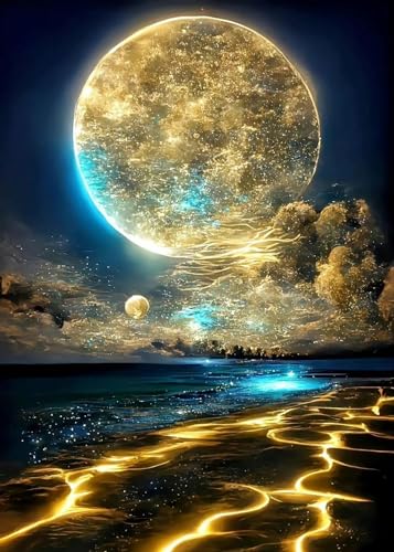 Moon Diamond Painting Kits for Adults, Beach Diamond Art Kits for Adults | Moonlight Beach Diamond Art Painting Kits for Adults Beginners, DIY Full Drill Paint by Diamond Dots Gem Art 12x16 Inch - color: Moon