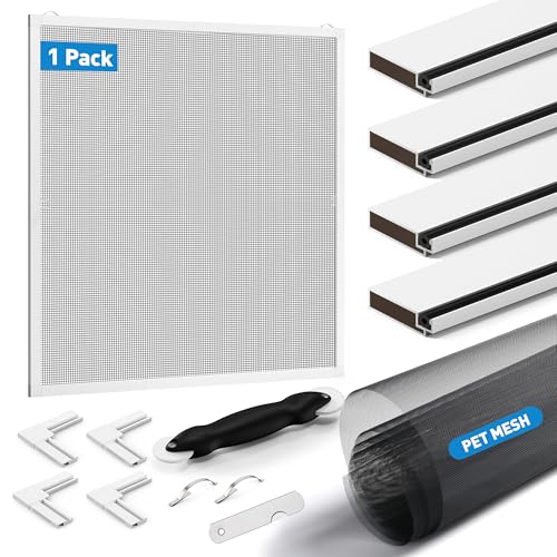 1 Pack White Window Screen Frame Kit with Aluminum Frames Up to 46" X 46" | 46"X99" Heavy Duty Durable PET Mesh for Windows Screen Replacement, Includes All Tools & Hardware for Home, Patio, Porch - color: PET Mesh White, size: 46 in X 46 in (1 Pack)