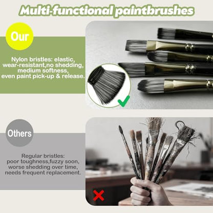 Professional 24Pcs Paint Brushes Set: Wooden Handle Nylon Bristles for Acrylic Oil Watercolor Gouache Painting Outdoor Landscape Sketching Traveling Artists