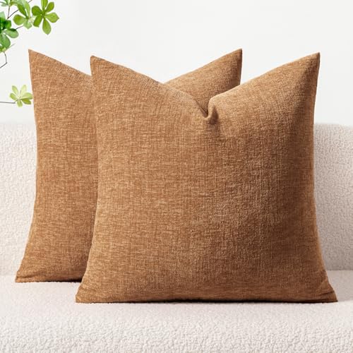 MIULEE Soft Chenille Throw Pillow Covers Brown 20x20 Inch Pack of 2 | Modern Home Decor, Classic Decorative Pillows, Solid Dyed Cases, Boho Couch Cushion Covers for Sofa Bed Living Room - color: Brown, size: 16" x 16" (Pack of 2)