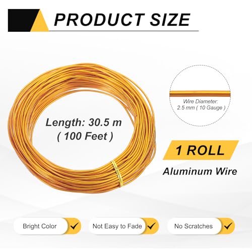 MECCANIXITY 10 Gauge 2.5mm Aluminum Wire, 100 Feet Bendable Metal Craft Armature Wire for Jewelry Making DIY Beading Floral Wreath Wrapping Sculpting, Gold Tone - color: Gold Tone, size: 10 Gauge x 100Ft