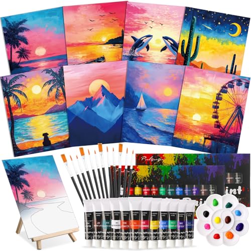 Cholemy 36 Pcs Paint and Sip Kit for Adults 8''x10'' Pre Drawn Canvas for Painting DIY Afro Acrylic Painting Kit Wood Easel Brushes Date Night Bulk for Mother's Day Party Gifts - style: Sunset Glow