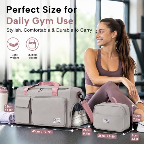 FIORETTO Women's Gym Duffle Bag with Shoes Compartment, 30L Capacity, Ideal for Travel, Gym, Sports, Duffel, Weekender - color: Grey & Pink, style: Gym Bag With Toiletry Bag