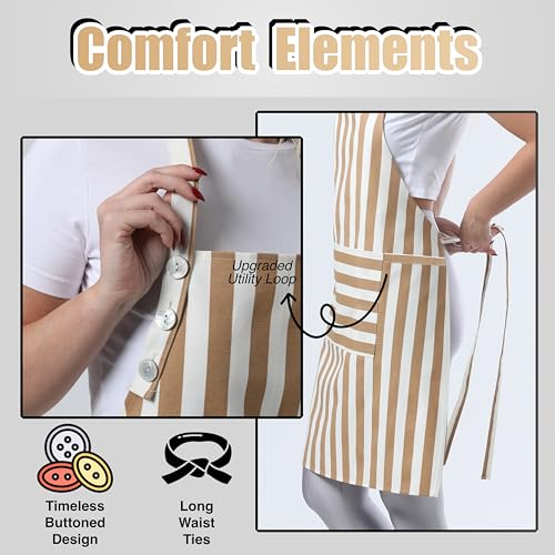 TOSHEX Kitchen Apron Cotton Waterdrop Resistant Adjustable Button Women Men | Premium Cotton Cooking Apron with Pocket. Striped, Gift, Brown - color: Brown