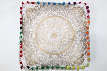 INDIAN CRAFT CASTLE ICC Mandala Barmeri Large Floor Pillow Cover Cushion Meditation Seating Ottoman Throw Cover Hippie Decorative Zipped Bohemian Pouf Ottoman Cases White Gold Matellic 16" Square