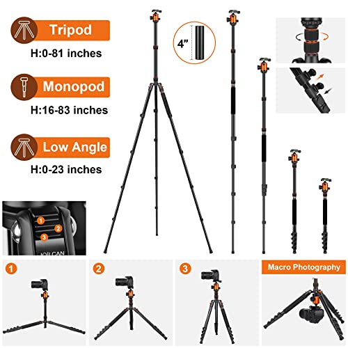 JOILCAN Tripod for Camera, 81" Aluminum Camera Tripod Stand, 83" DSLR Tripods & Monopods, Heavy Duty Travel Tripod for Binoculars Spotting Scope Telescope, Max Load 35lb | Tall DSLR Tripod with 360° Ball Head, Heavy Duty Travel Tripod for Binoculars Spott
