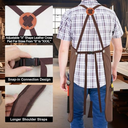 Men's Canvas Tool Apron, Heavy Duty Multi-Pocket Work Apron for Woodworking Gardening Bartender Adjustable Straps - color: Brown