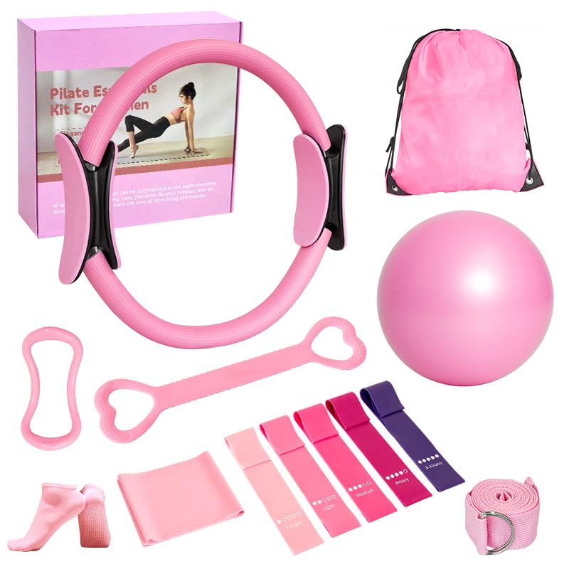 Home Pilates Essentials Kit for Women, with 5 Resistance Bands - Magic Circle Pilates Kit for Home Toning, Includes Yoga Ball, Stretch Strap & Gym Bag (13-Piece Complete Starter Set) - color: Pink