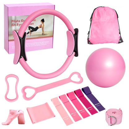 Home Pilates Essentials Kit for Women, with 5 Resistance Bands - Magic Circle Pilates Kit for Home Toning, Includes Yoga Ball, Stretch Strap & Gym Bag (13-Piece Complete Starter Set) - color: Pink