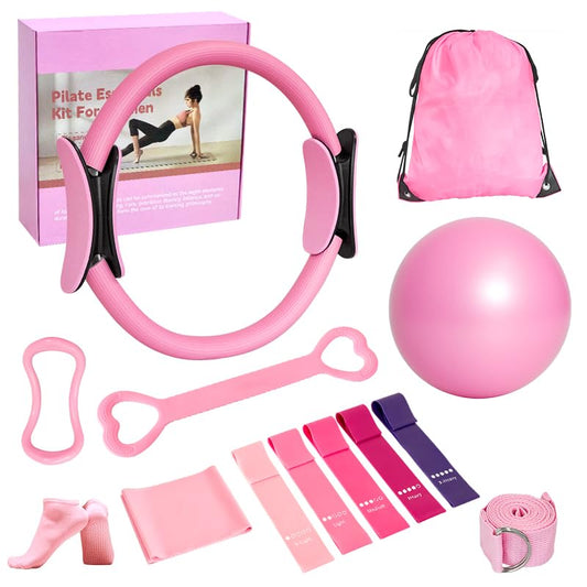 Home Pilates Essentials Kit for Women, with 5 Resistance Bands - Magic Circle Pilates Kit for Home Toning, Includes Yoga Ball, Stretch Strap & Gym Bag (13-Piece Complete Starter Set) - color: Pink