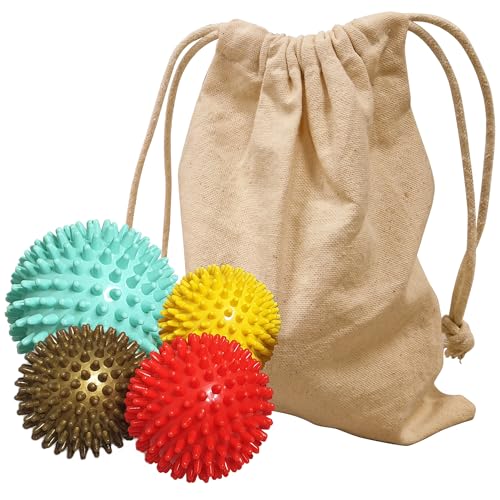 GERARDO'S Spiky Massage Ball Set: Includes 1 Large 10 cm + 3 Small 7 cm Balls - for Deep Tissue Back, Foot, Leg, Hand Muscle Massages - Self Therapy Use Specific - Transport/Store in Linen Bag
