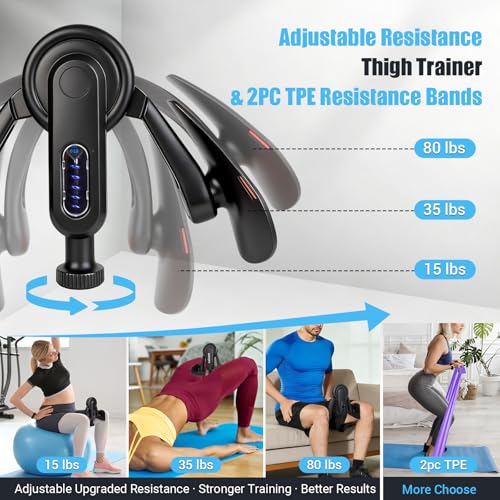 Thigh Trainer for Women, 15-80LB Adjustable Resistance with Resistance Band | Inner Thigh Exerciser for Pelvic Floor Muscle, Shaping, Yoga & Home Fitness, Includes a Storage Pouch and Training Manual