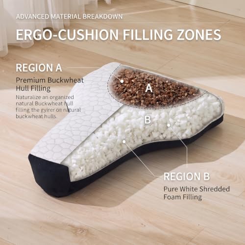 T-Shape Meditation Cushion, Ergonomic Zafu Yoga Floor Pillow with Buckwheat Hull Fill, Removable Washable Cover,for Mindfulness, Yoga, and Deep Relaxation(Black+Grey) - color: Black+grey