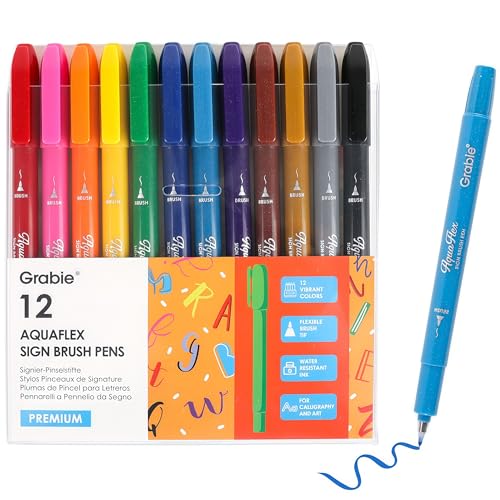 Grabie AquaFlex Sign Brush Pen Set of 12 – Flexible Brush Tip with Waterproof, Archival Ink for Calligraphy, Journaling, Drawing & Illustration – Vibrant, Quick-Drying, Non-Toxic & Smudge-Proof