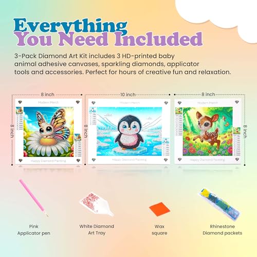 Modern Merch Small Diamond Art Packs Butterfly Deer & Penguin, Animal Diamond Dots for Adults, Jewel Art Painting Kits, Mini Gem Arts and Crafts for Adults, Round Drill 3 Pack Partial Drill - color: Butterfly Penguin Deer