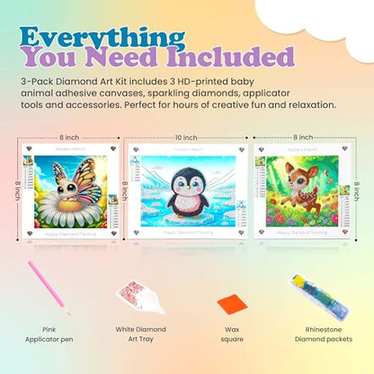 Modern Merch Small Diamond Art Packs Butterfly Deer & Penguin, Animal Diamond Dots for Adults, Jewel Art Painting Kits, Mini Gem Arts and Crafts for Adults, Round Drill 3 Pack Partial Drill - color: Butterfly Penguin Deer