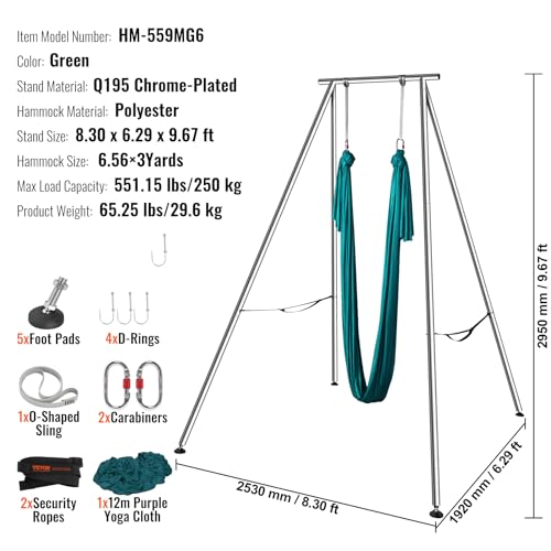 VEVOR Adjustable Yoga Aerial Rig, Aerial Silk Stands with Height Adjustable 5-11FT, Portable Stainless Steel Rig& Aluminum Frame Legs, Fit with Hoops/Lyra/Silks/Hammock - color: Green