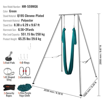 VEVOR Adjustable Yoga Aerial Rig, Aerial Silk Stands with Height Adjustable 5-11FT, Portable Stainless Steel Rig& Aluminum Frame Legs, Fit with Hoops/Lyra/Silks/Hammock - color: Green