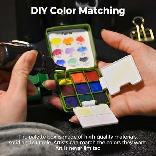 Funto Mini Watercolor Travel Set, Christmas Green Gift Travel Artist Outdoor Sketch Kits with 2 Foldable Palettes, Portable Leather Case and Metal Clip, Kit for Art Lovers - style: Utility Set