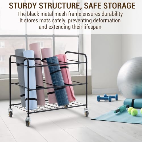 MyGift Yoga Mat Storage Rack with 4 Caster Wheels, Matte Black Rolling Yoga Mat Holder for Floor Workout Exercise Gym, Foam Roller Organizer