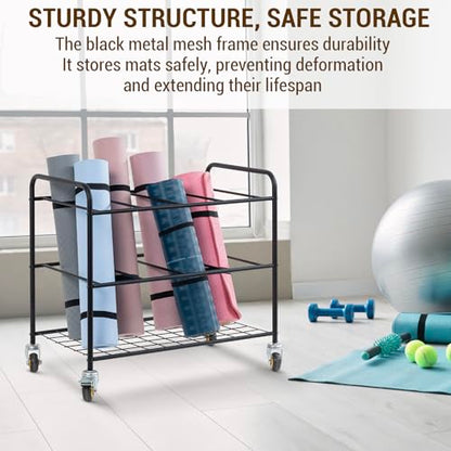 MyGift Yoga Mat Storage Rack with 4 Caster Wheels, Matte Black Rolling Yoga Mat Holder for Floor Workout Exercise Gym, Foam Roller Organizer