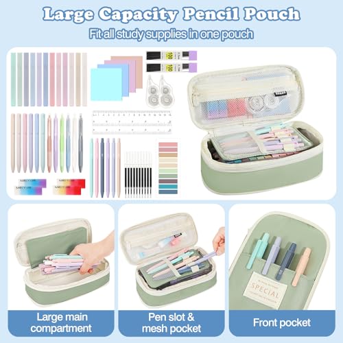 MoKo Pencil Case with Supplies, 56Pcs Aesthetic School Set, Green | Includes 12 gel pens, 12 highlighters, 6 mechanical pencils, refills, sticky notes, index tabs, rulers and correction tapes. - color: Green-56P