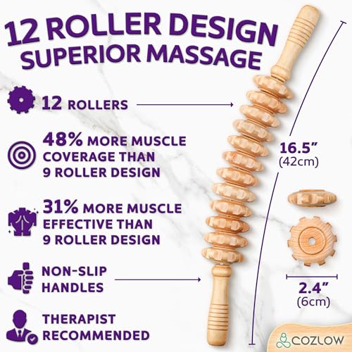 COZLOW Wooden Massage Roller Stick (12 Rollers) - Curved Wood Therapy Massage Tool for Body Sculpting, Fascia Release & Lymphatic Drainage - Maderotherapy Helps Reduce Cellulite Appearance